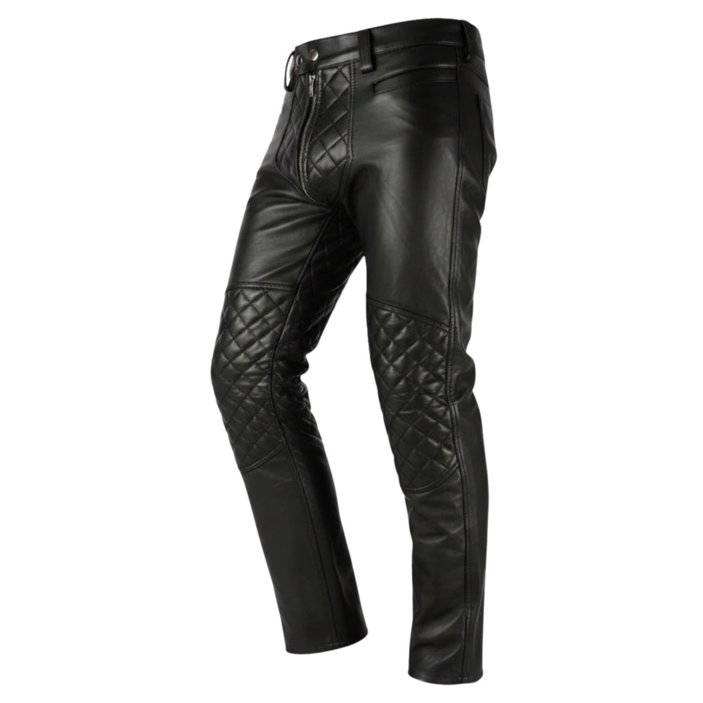Men's Black Biker Style Leather Chaps with Quilted Padding