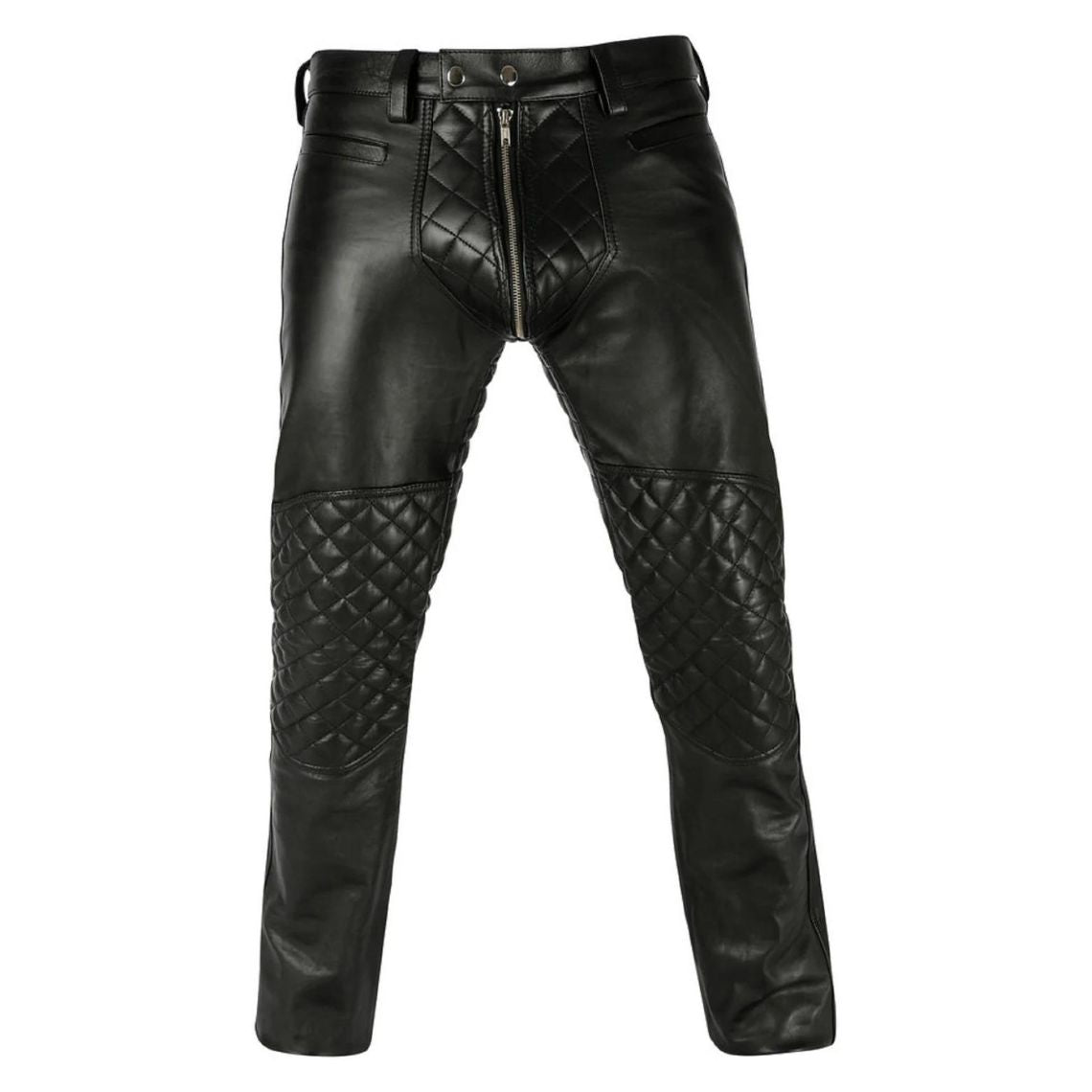 Men's Black Biker Style Leather Chaps with Quilted Padding