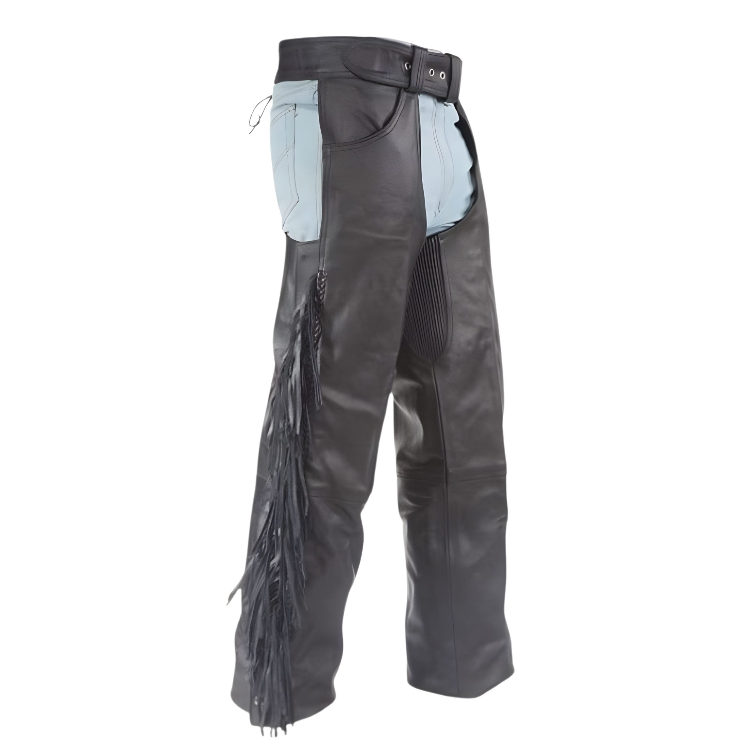 Men's Black Leather Motorcycle Chaps with Fringe Detail