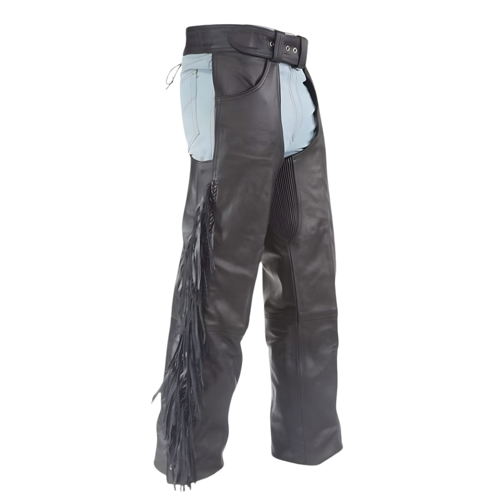 Men's Black Leather Motorcycle Chaps with Fringe Detail