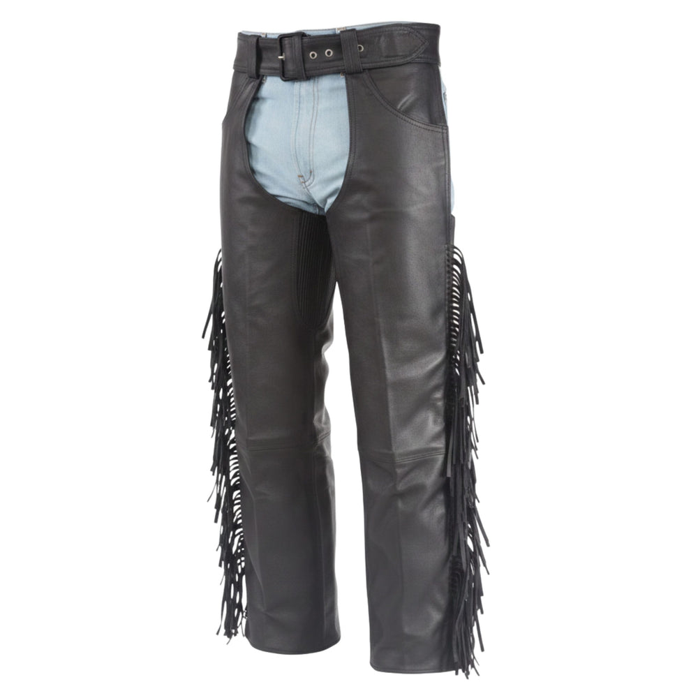 Men's Black Leather Motorcycle Chaps with Fringe Detail