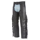 Men's Black Leather Motorcycle Chaps with Fringe Detail