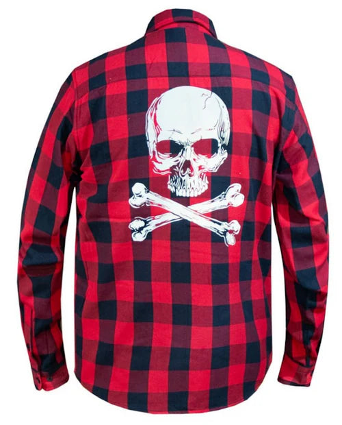 Men's Black & Red Flannel Shirt with Reflective Skull Back Print