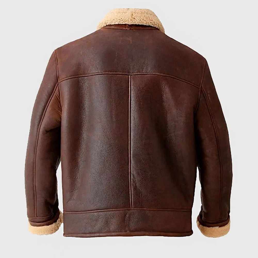 Men's Brown Genuine Leather Bomber Jacket with Fur Lining