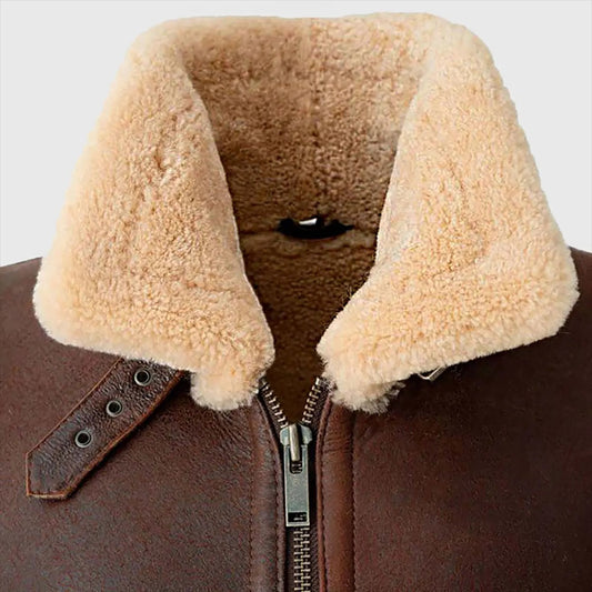 Men's Brown Genuine Leather Bomber Jacket with Fur Lining
