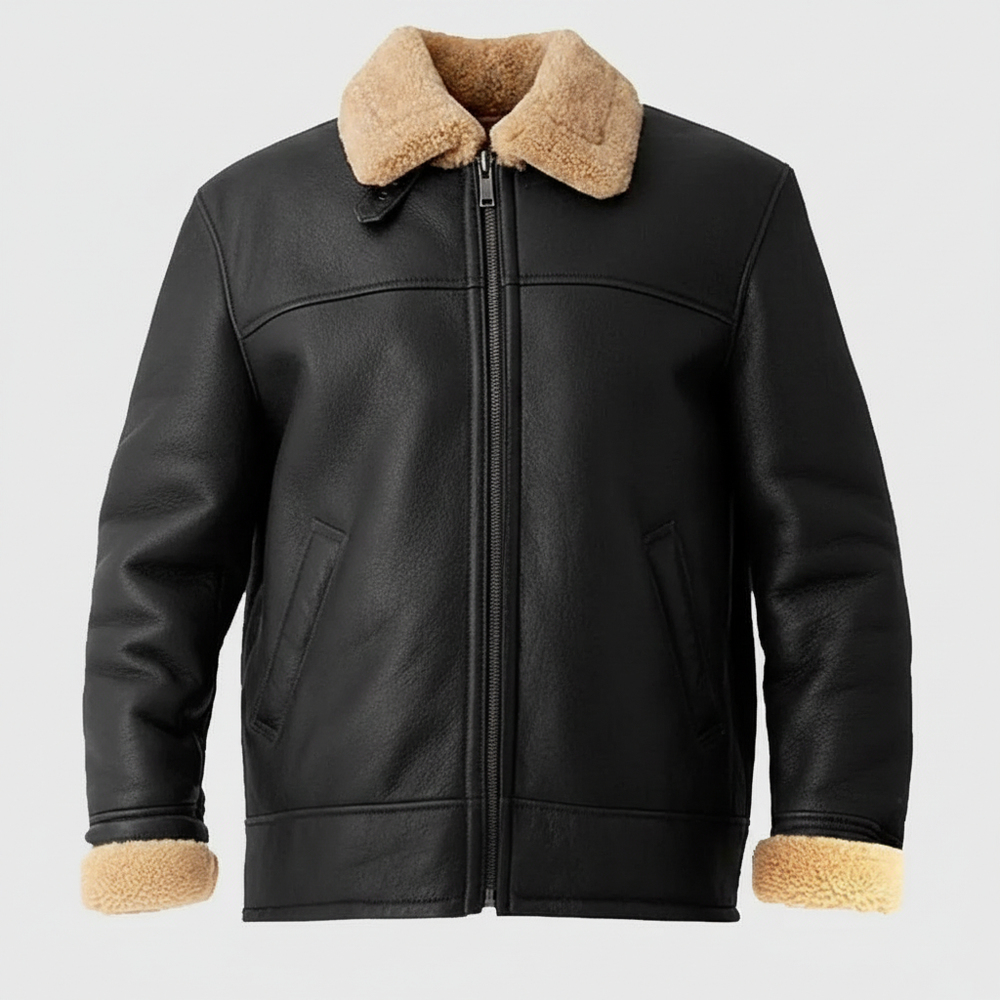 Men's Brown Genuine Leather Bomber Jacket with Fur Lining