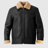 Men's Brown Genuine Leather Bomber Jacket with Fur Lining