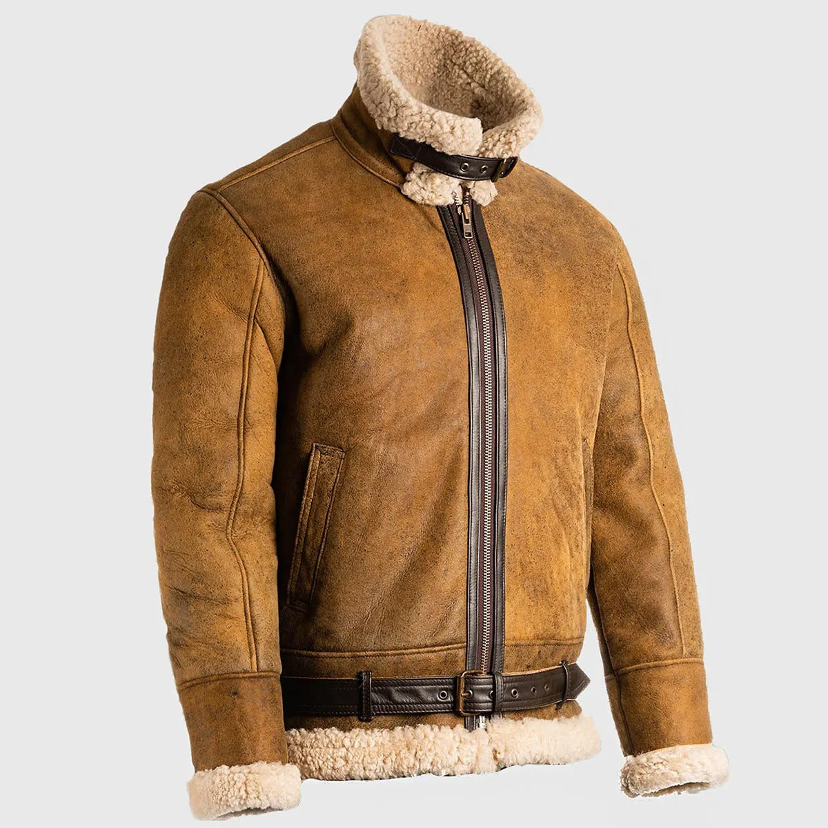 Men's Brown Leather Fur-Lined Bomber Jacket – Premium Edition