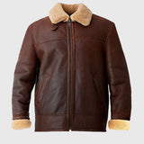 Men's Brown Genuine Leather Bomber Jacket with Fur Lining