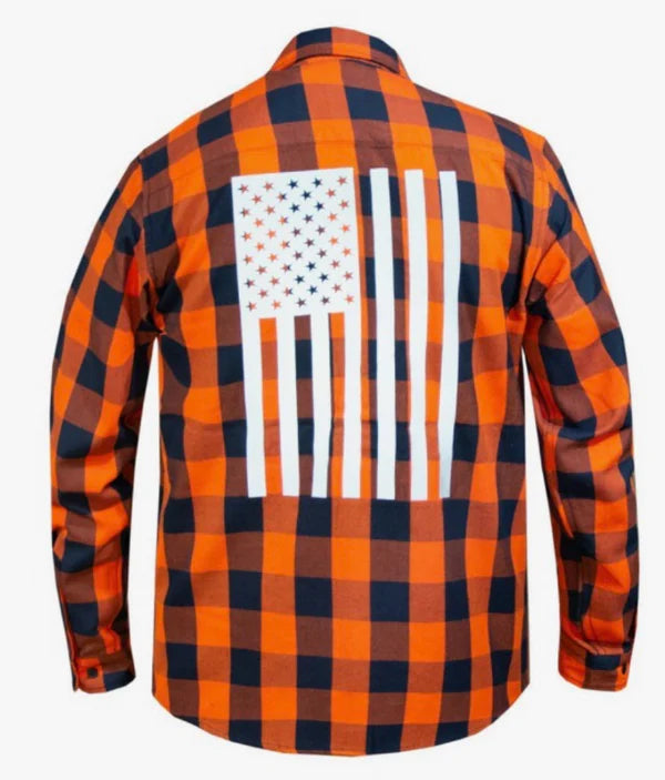 Men's Reflective USA Flag Black & Orange Long Sleeve Flannel Shirt
