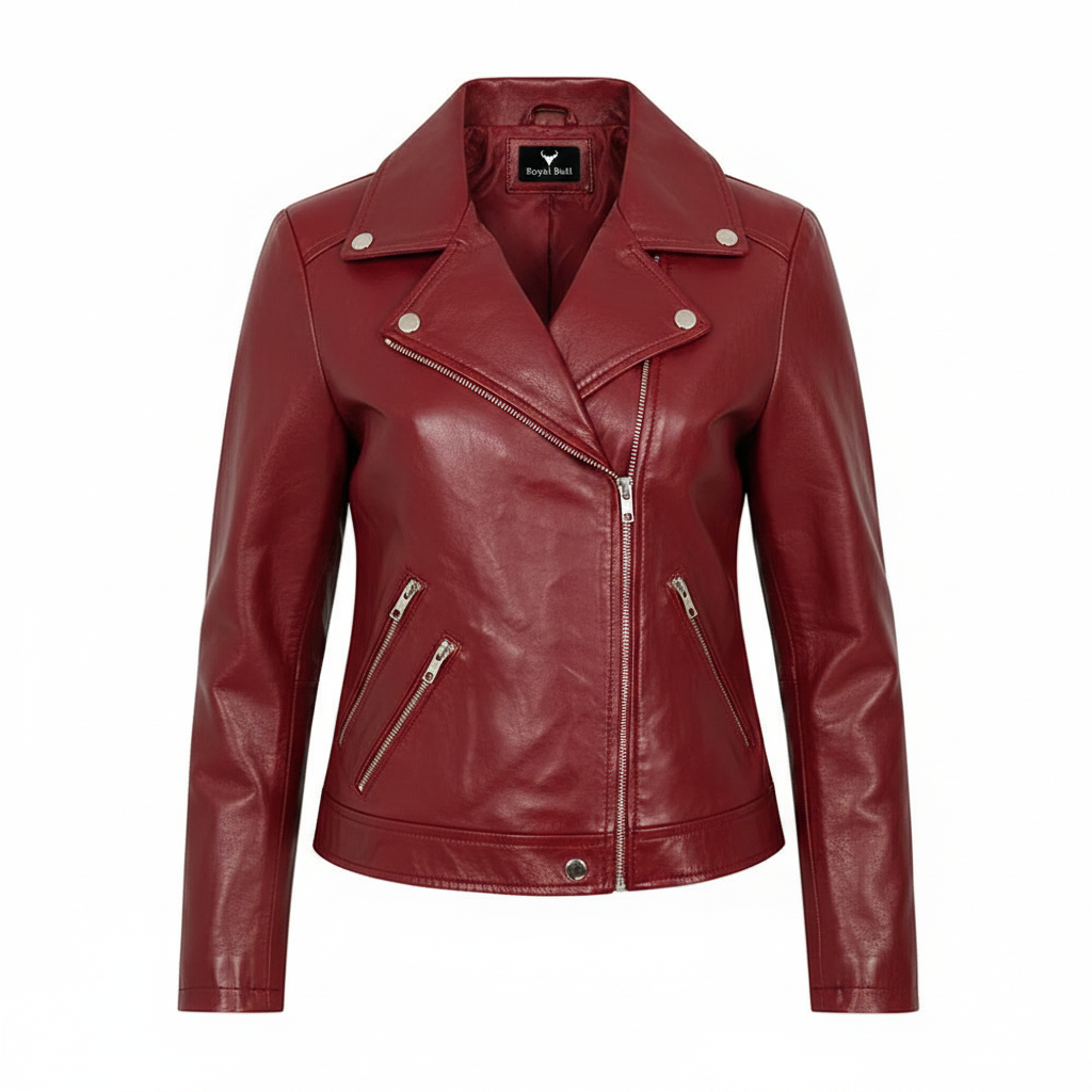 Women's Blue Genuine Leather Moto Jacket – Stud Collar