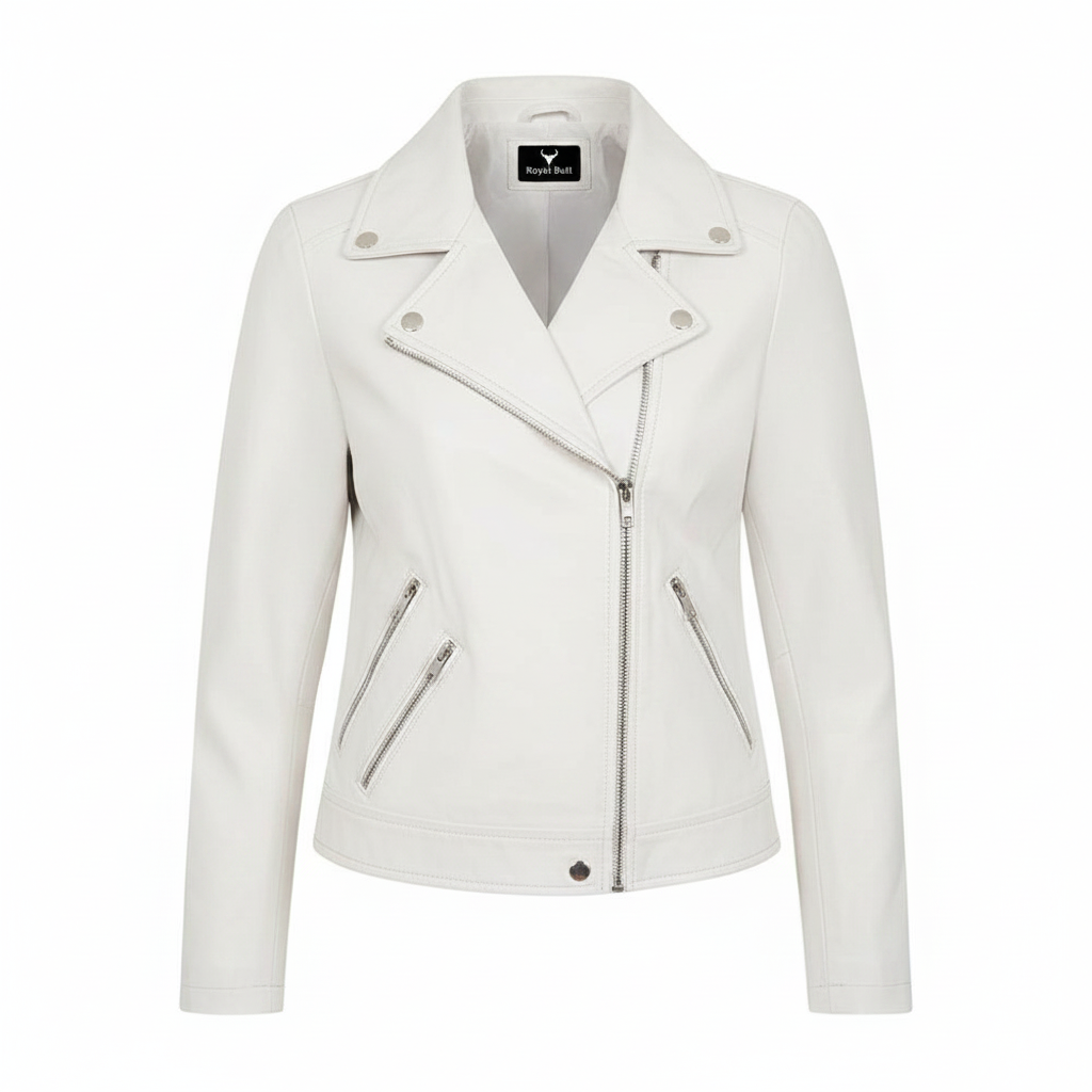 Women's Blue Genuine Leather Moto Jacket – Stud Collar