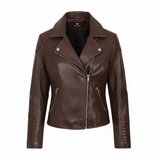 Women's Quilted Black Genuine Leather Moto Jacket with Zip Cuffs