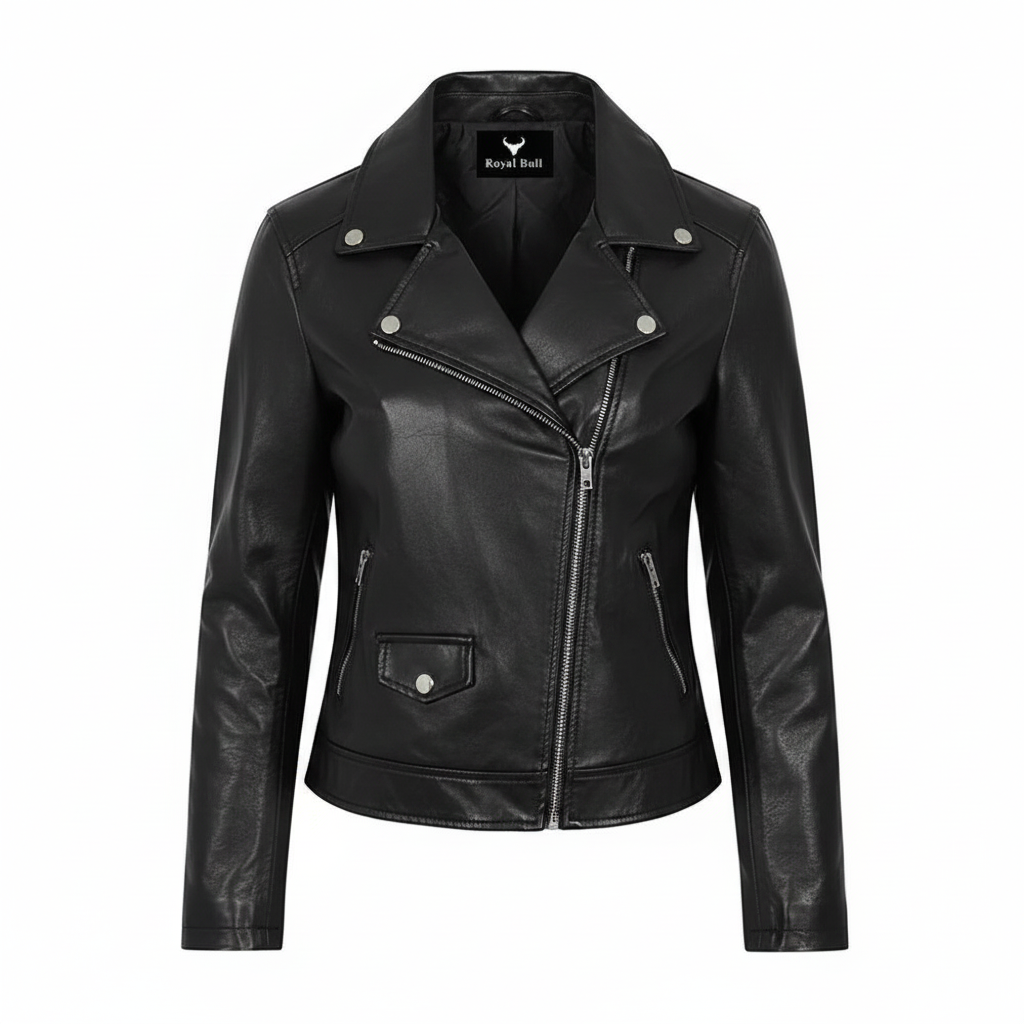 Women's Sleek Navy Blue Genuine Leather Moto Jacket
