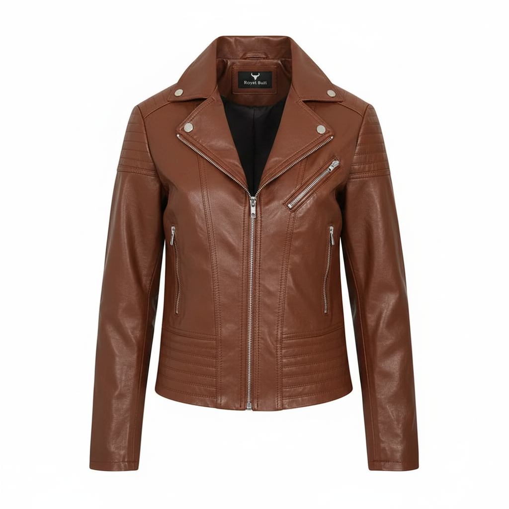 Women's Black Genuine Leather Biker Jacket with Asymmetric Zip
