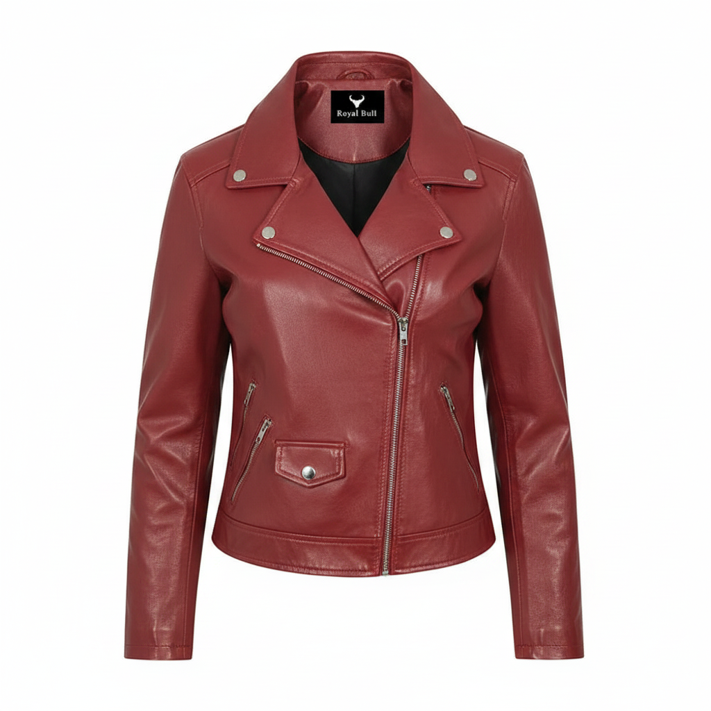 Women's Sleek Navy Blue Genuine Leather Moto Jacket
