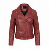 Women's Sleek Navy Blue Genuine Leather Moto Jacket