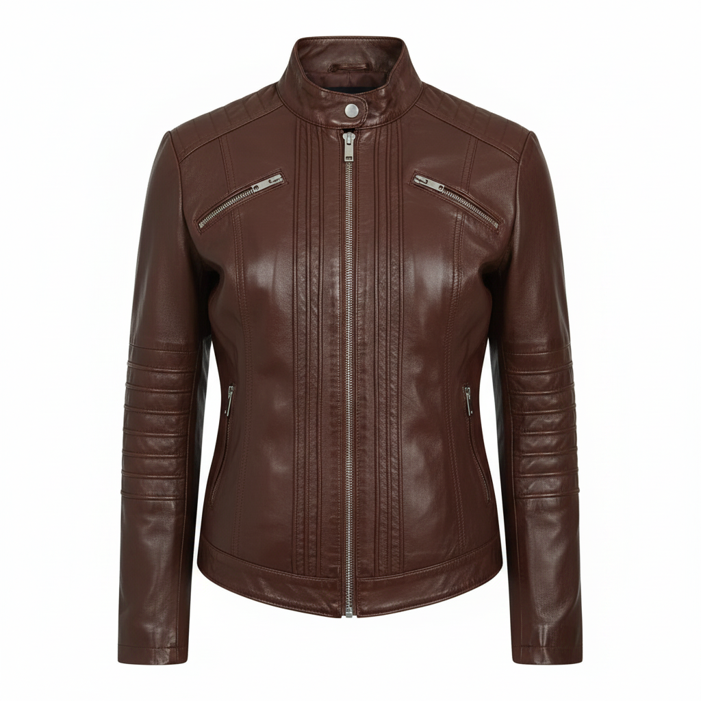 Women's Stand Collar Genuine Leather Motorcycle Jacket