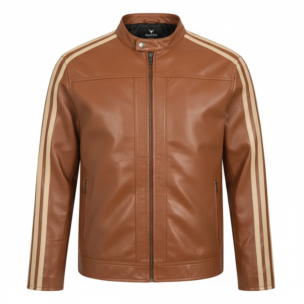 Men's Cream Striped Black Genuine Leather Racer Jacket