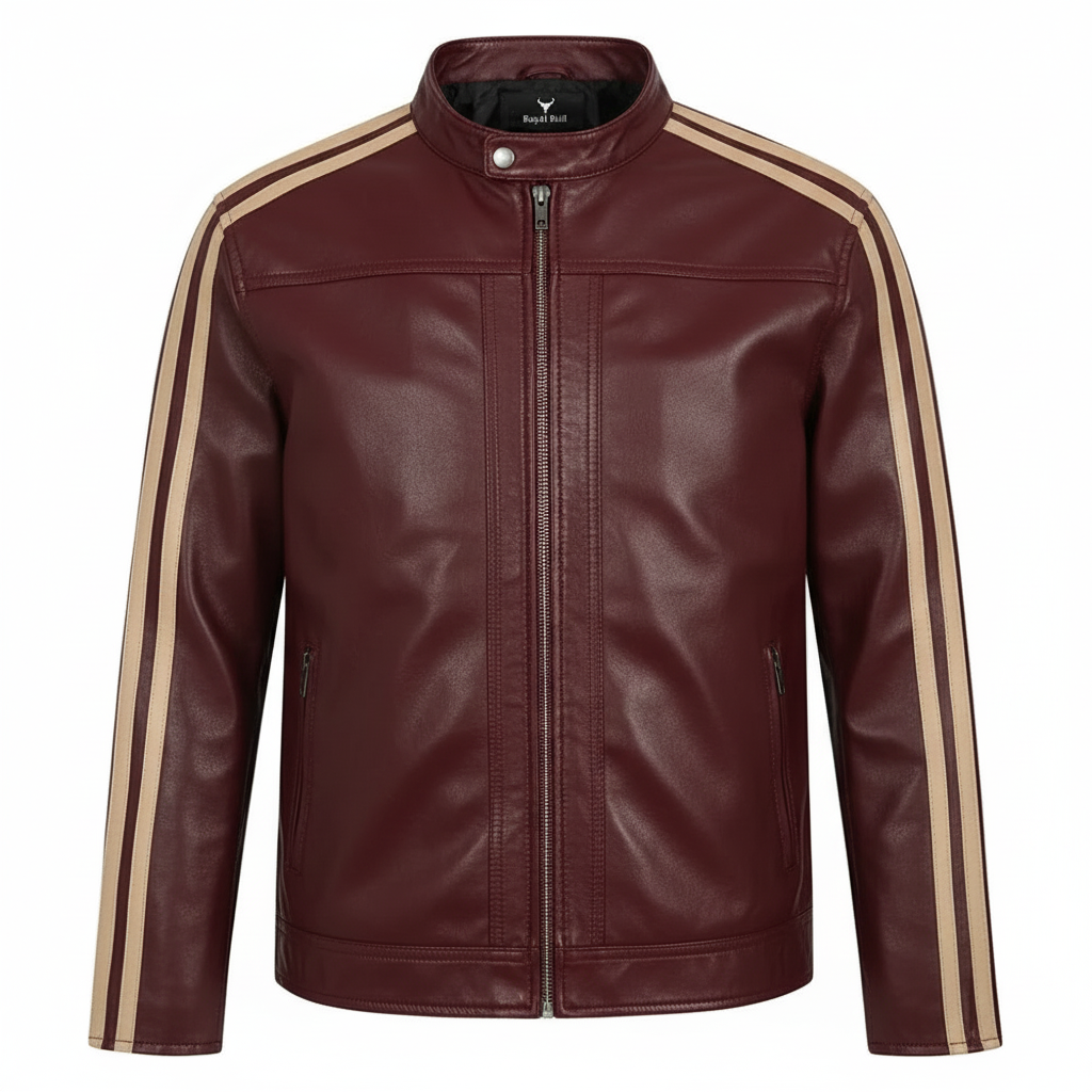 Men's Cream Striped Black Genuine Leather Racer Jacket