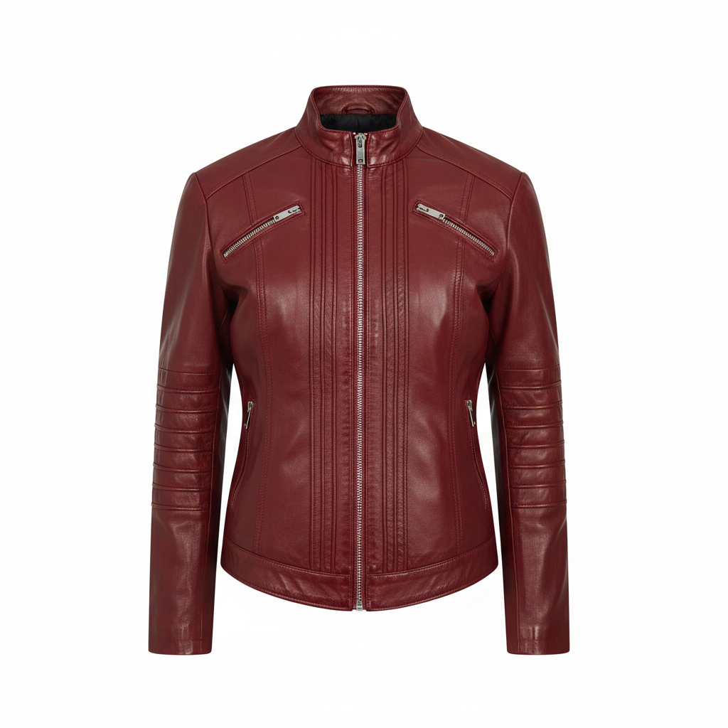 Women's Stand Collar Genuine Leather Motorcycle Jacket
