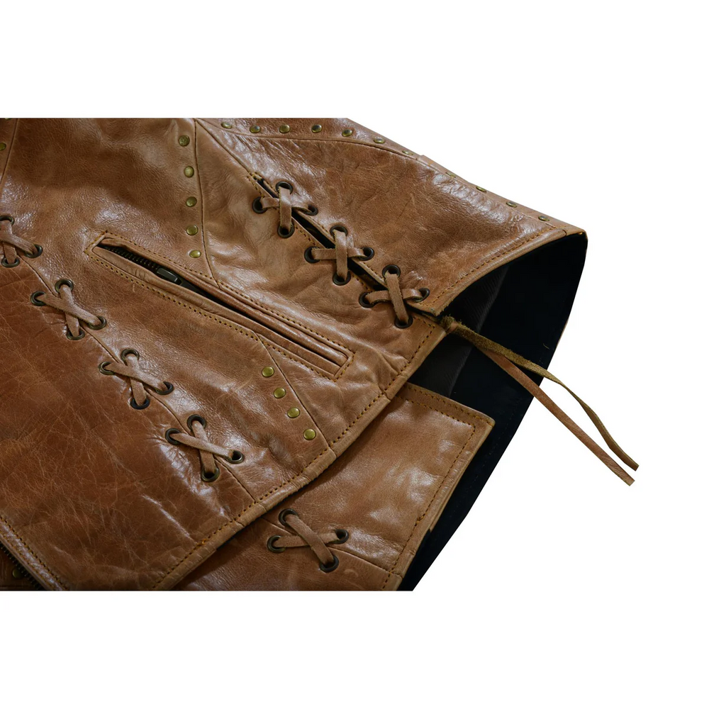 Women Brown Genuine Leather Zippered Motorcycle Vest with Lacing Side