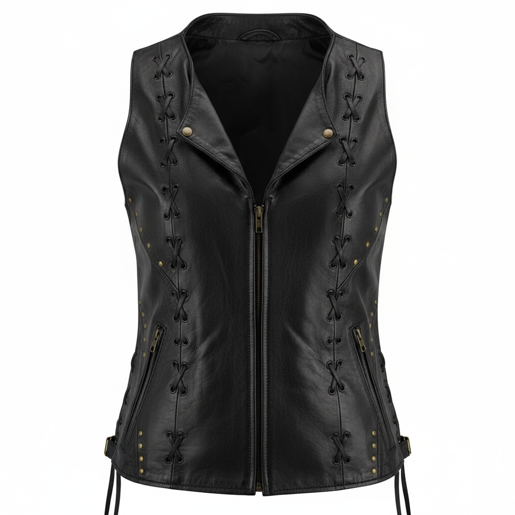  Women Zippered Motorcycle Vest with Lacing Side