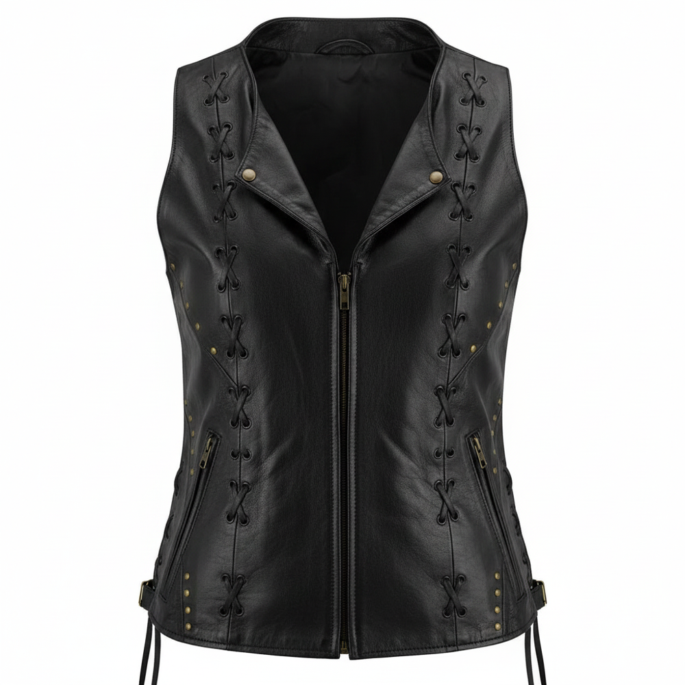  Women Zippered Motorcycle Vest with Lacing Side