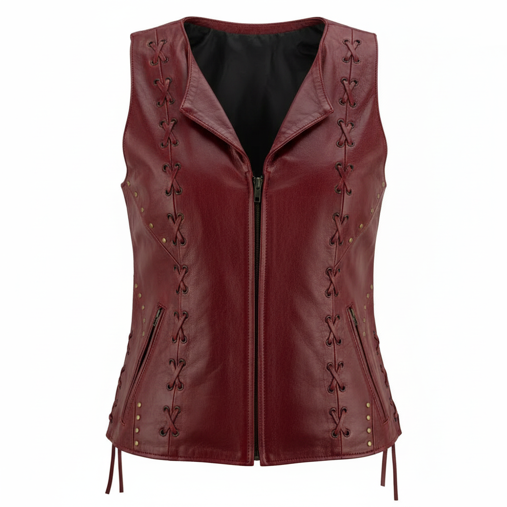  Women Zippered Motorcycle Vest with Lacing Side