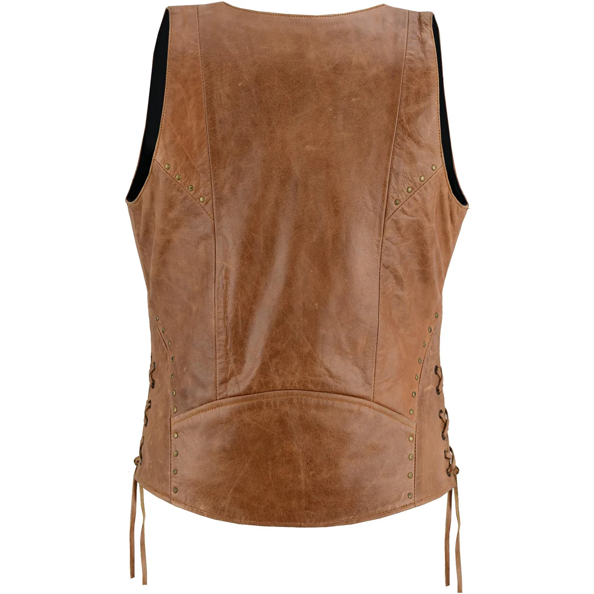Women's Brown Genuine Leather Zippered Motorcycle Vest with Lacing