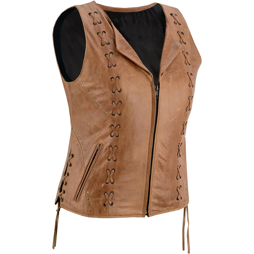 Women's Brown Genuine Leather Zippered Motorcycle Vest with Lacing