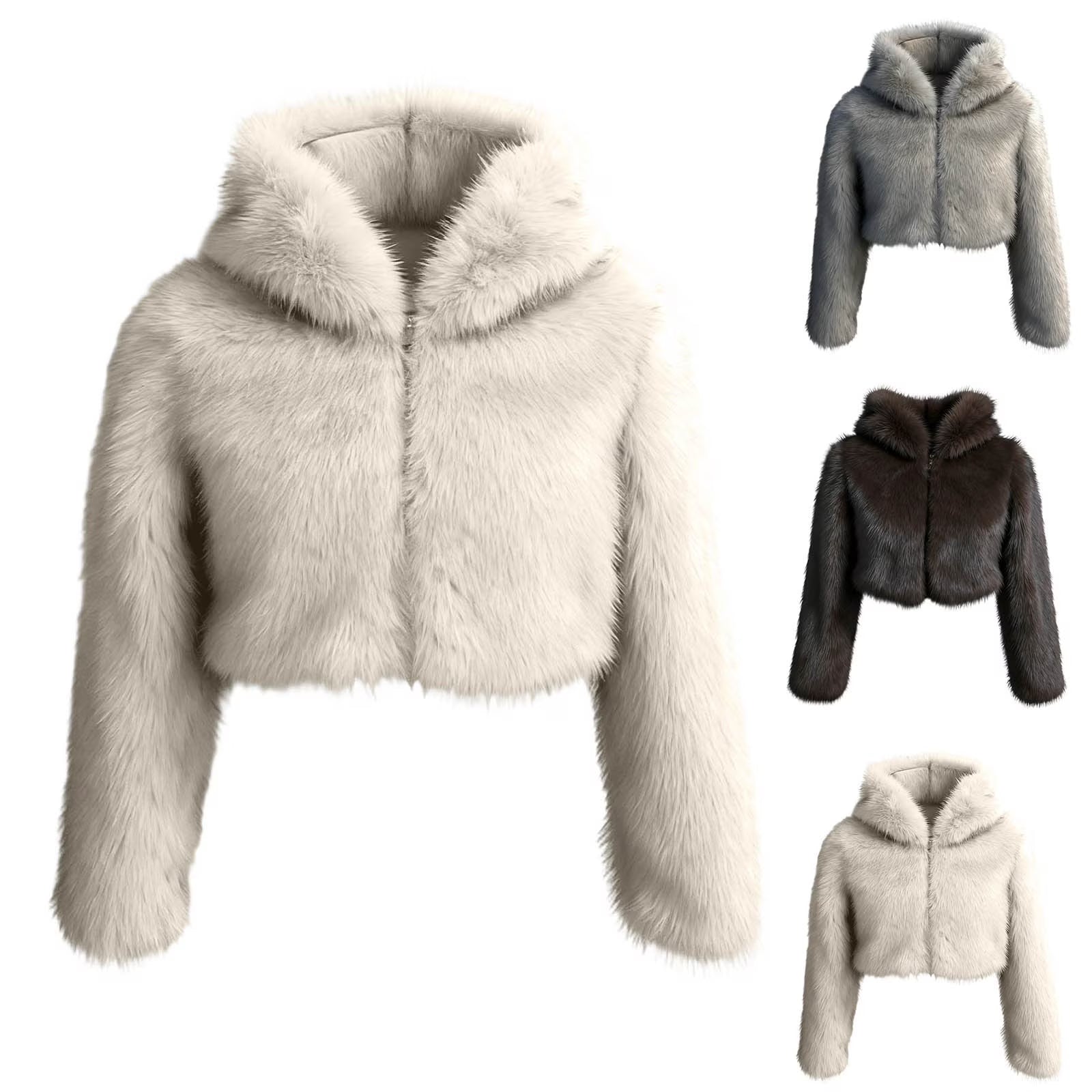 Miluxas Women's Plus Size Cropped Faux Plush Hooded Fleece Winter Coat – White