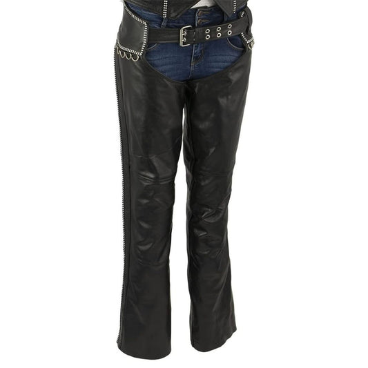 Premium Women's Black Leather Motorcycle Chaps with Studded Detail